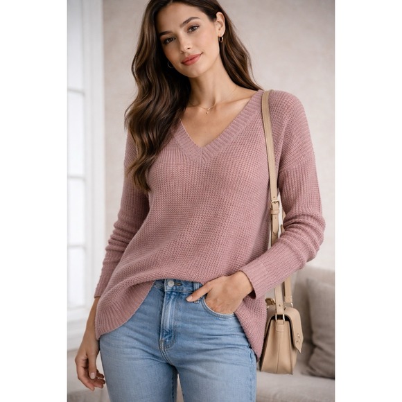 American Eagle Outfitters Sweaters - American Eagle Women's Small Dusty Rose V Neck Waffle Knit Sweater